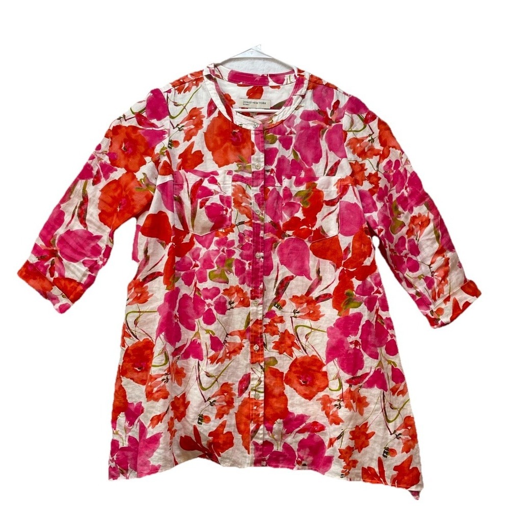 Jones New York Sport Linen Shirt M Floral Button Front 3/4 Sleeve Boho Cottage - Picture 3 of 10